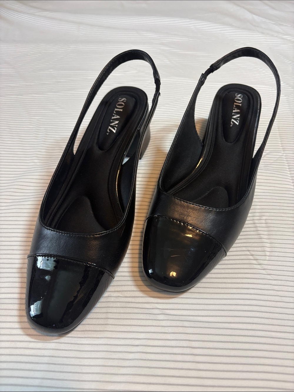 Solanz Black Patent Cap-Toe Slingback Mules